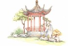 中国风亭子建筑水彩画图片