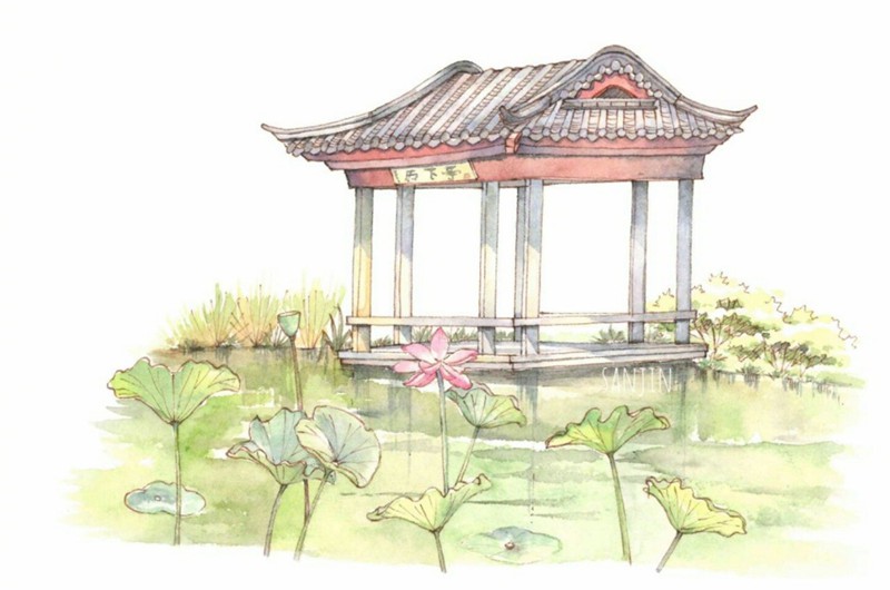 中国风亭子建筑水彩画图片
