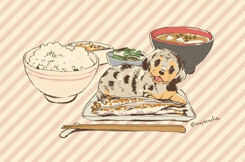 将狗狗放进美食之中的可爱插画