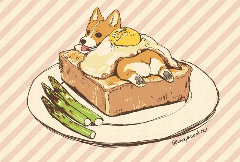 将狗狗放进美食之中的可爱插画