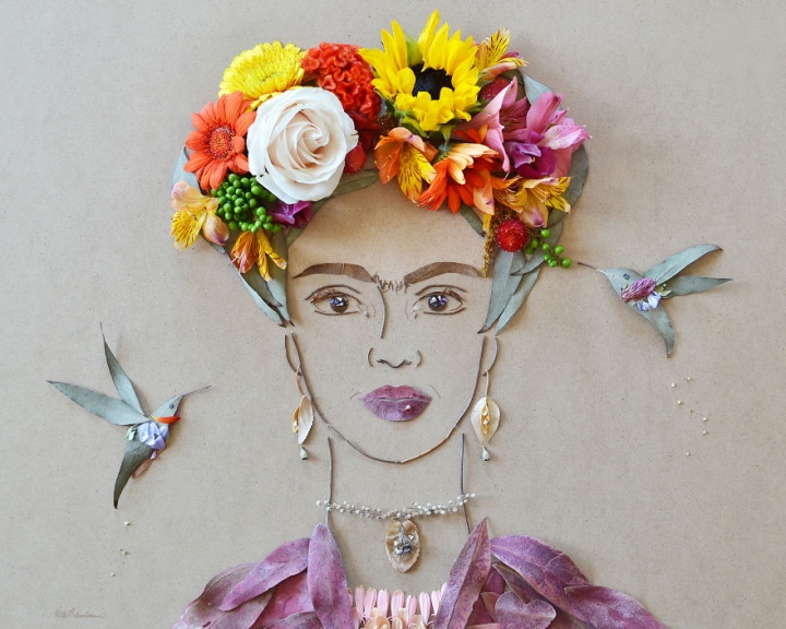 艺术家Vicki Rawlins用树枝和鲜花创作的肖像画