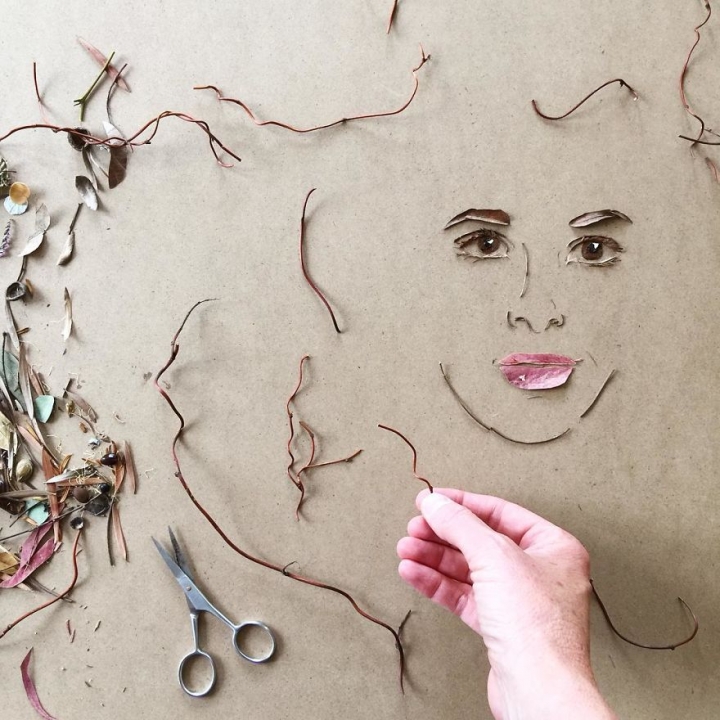 艺术家Vicki Rawlins用树枝和鲜花创作的肖像画