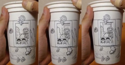 日本牛人用3个纸杯创作出哆啦A梦
