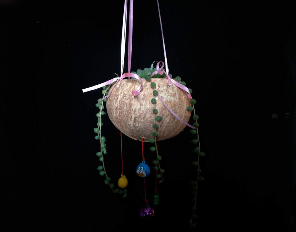 椰壳和铃铛制作波希米亚风多肉小花盆的做法